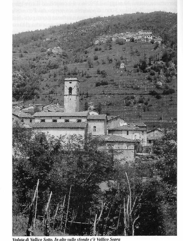 Historic black and white view of Vallico Sotto with Vallico Sopra behind