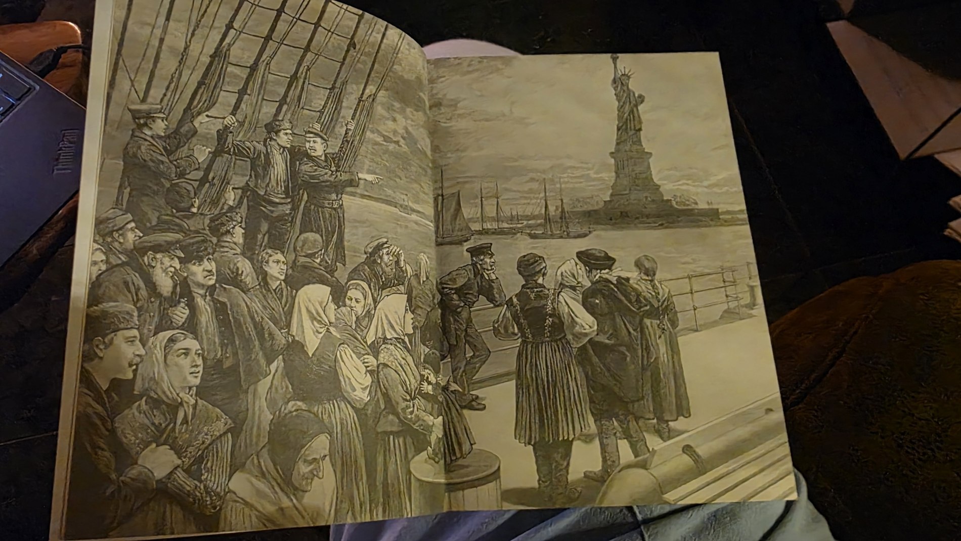 Illustration from Ricordi di un tempo lontano showing immigrants arriving in America